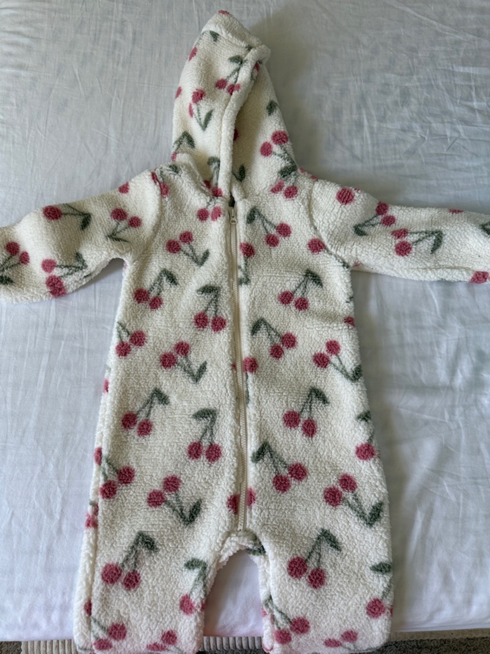 Cozy Cherry Print Sherpa Hooded Baby Romper